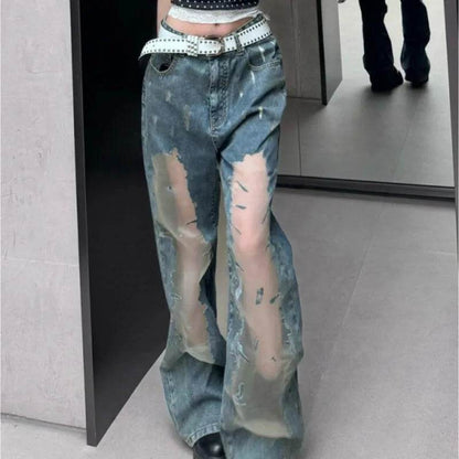 Retro Washed Ripped Baggy Jeans Pant For Women Summer Hollow Out - www.Shopthatapp.com