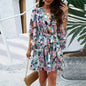 Casual Summer Chiffon Floral Print Short Sleeves Dress Lace Up Ruffles Design Fashion V-neck Short Mini Dresses Womens Clothing - www.Shopthatapp.com