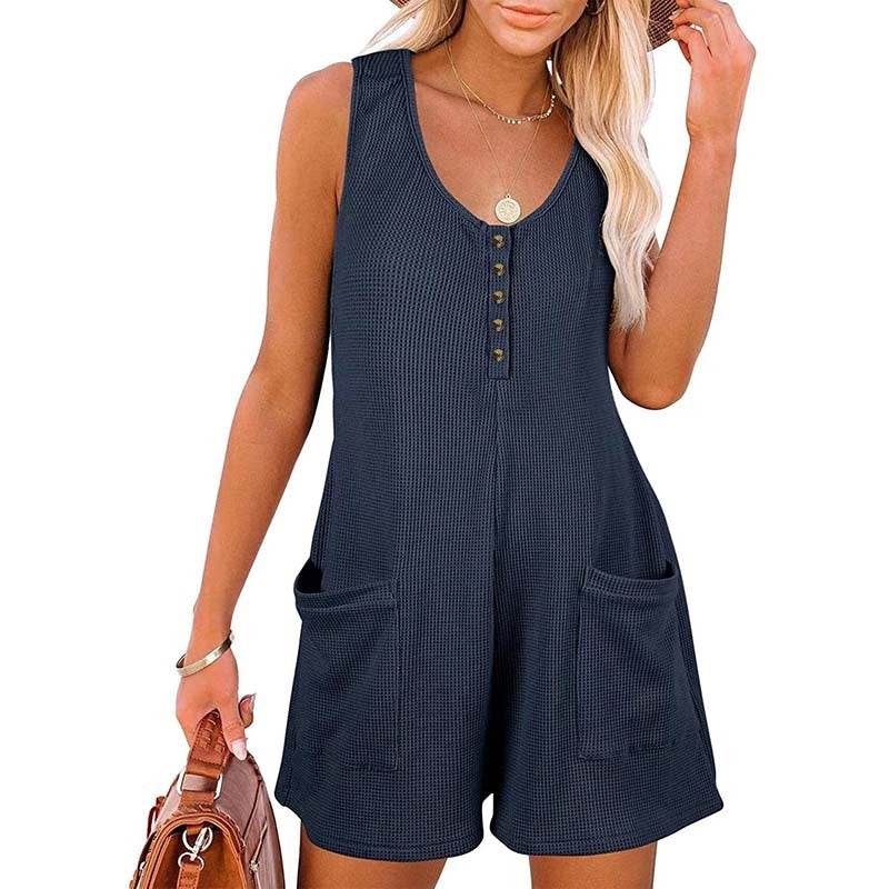 Women's Button Front Romper Jumpsuit With Pockets Casual Solid Color Sleeveless Summer Jumpsuit - www.Shopthatapp.com