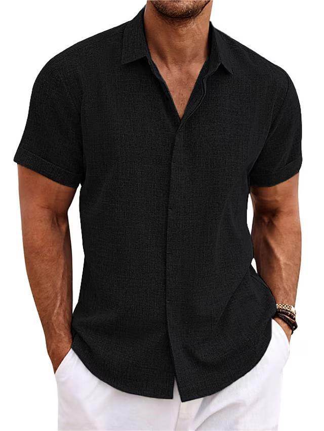 Men's Solid Color Loose Linen Short-sleeved shirt - www.Shopthatapp.com