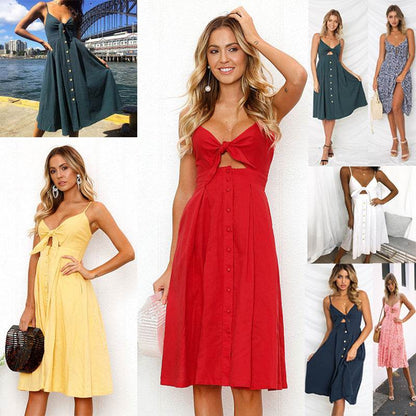 Women Summer cocktail dresses Spaghetti strap Midi Vacation Resort Sundress - www.Shopthatapp.com