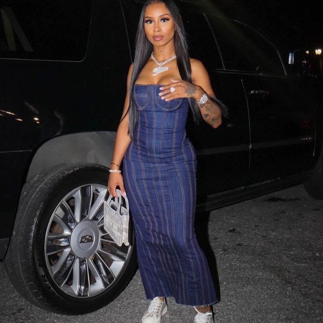 Fashion Strapless Tube Top Denim Long Fitted Jeans Dress - www.Shopthatapp.com