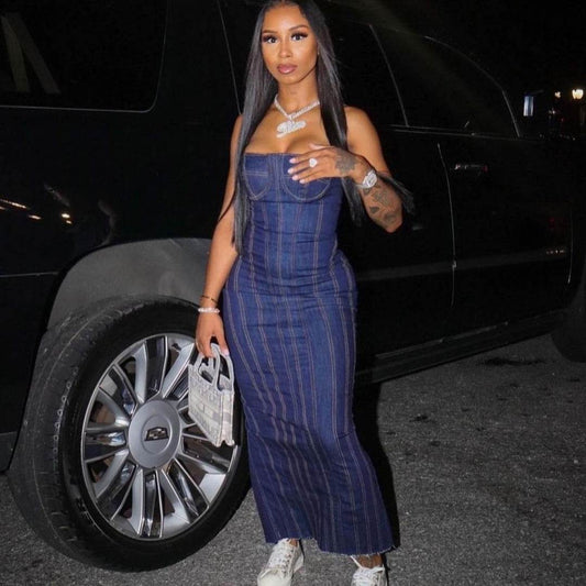 Fashion Strapless Tube Top Denim Long Fitted Jeans Dress - www.Shopthatapp.com