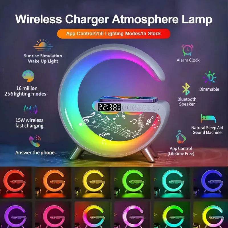 G shaped Wireless Phone Charging Night LED Lamp Bluetooth Speaker - www.Shopthatapp.com