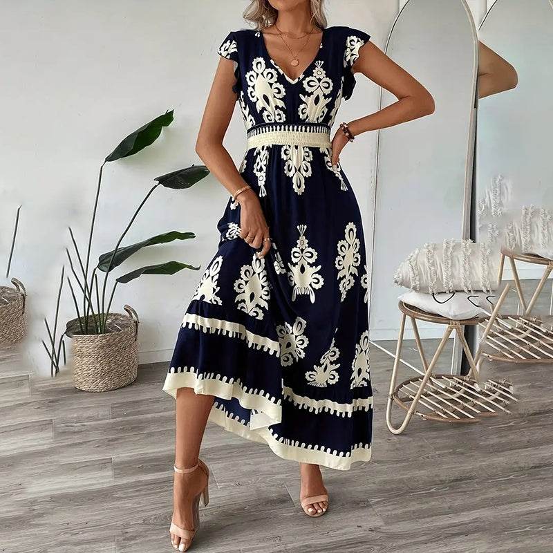 Women's Summer Flowy Maxi Dress Casual Cap Sleeve V Neck Smocked Waist Beach Sundress - www.Shopthatapp.com