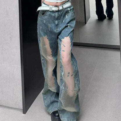 Retro Washed Ripped Baggy Jeans Pant For Women Summer Hollow Out - www.Shopthatapp.com