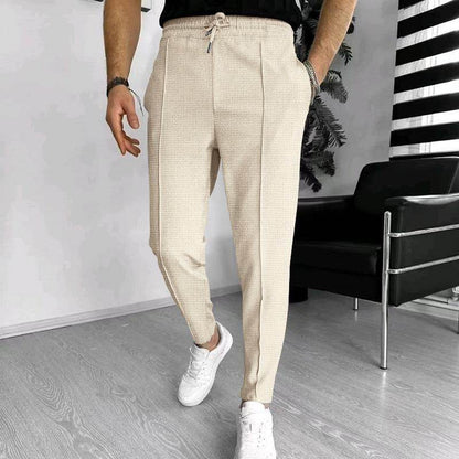 Men's Casual Fashion Waffle High Waist Drawstring Elastic fitted straight leg Pant