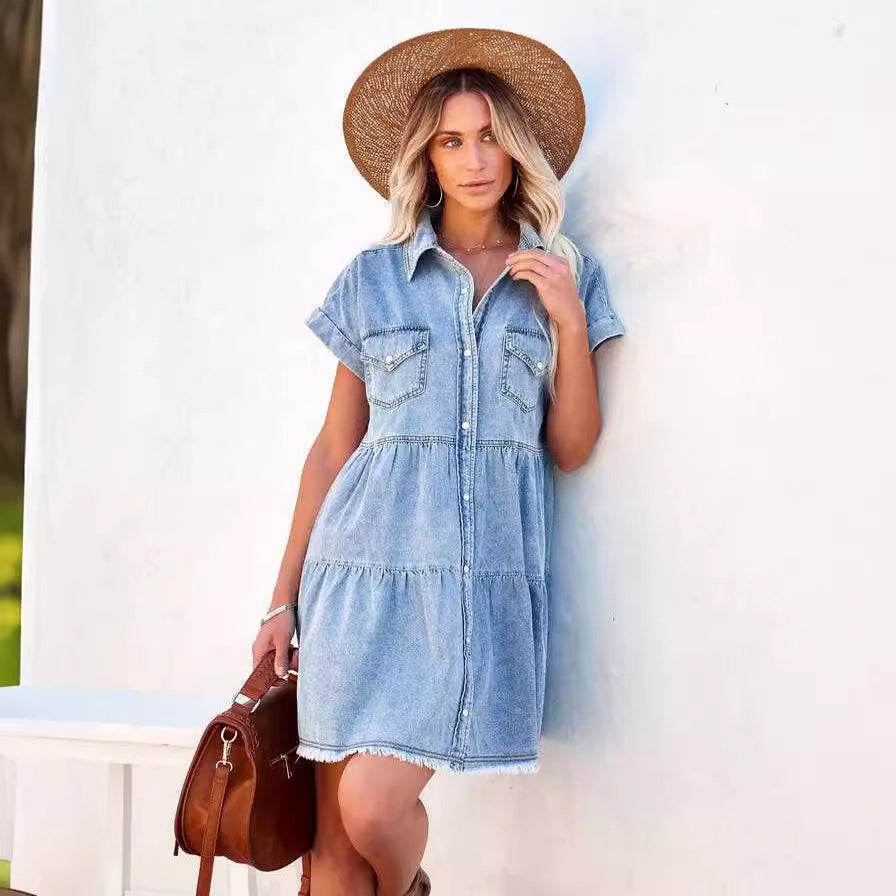 Casual Fashion Denim Short Sleeve loose mini Dress - www.Shopthatapp.com