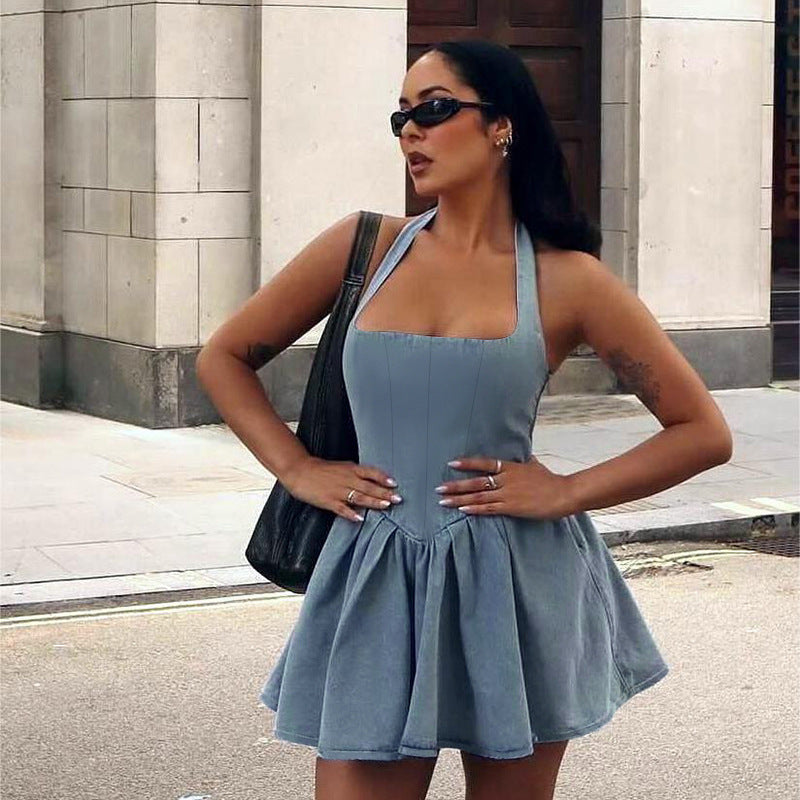 Women sleeveless Sling Waist jeans Denim Dress Backless halter neck flared mini dress - www.Shopthatapp.com