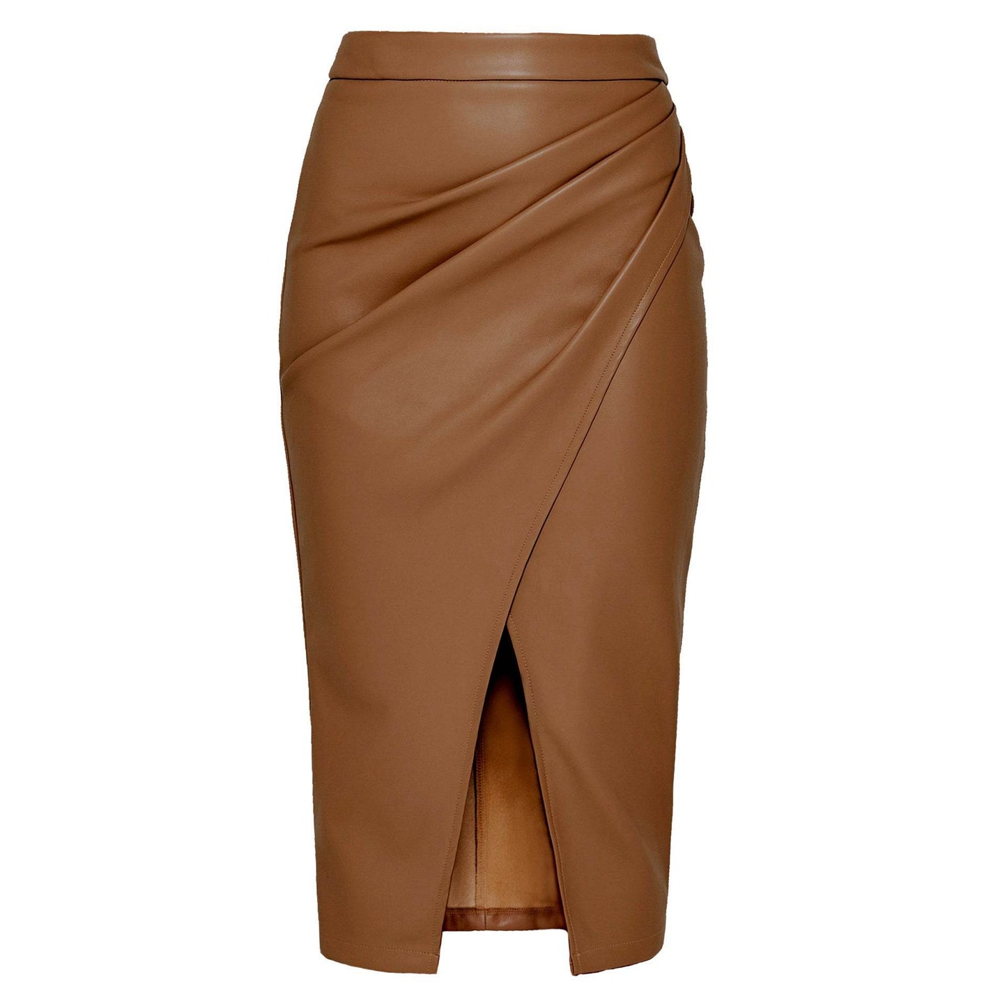Women Formal Work Office Business High Waist Front Slit Midi Leather Skirt - www.Shopthatapp.com