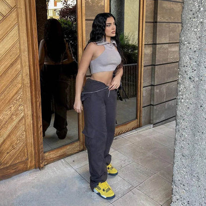 Solid Color High-waisted Zipper V Loose Straight Pocket Street fashion Cargo Pants Women - www.Shopthatapp.com