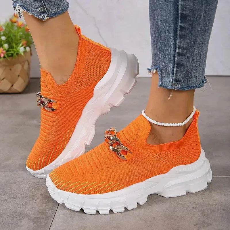 Fashion Chain Design Mesh Shoes For Women Breathable Casual Soft Sole Walking Sock Slip On Flat Chunky Sneakers Shoes for Women - www.Shopthatapp.com