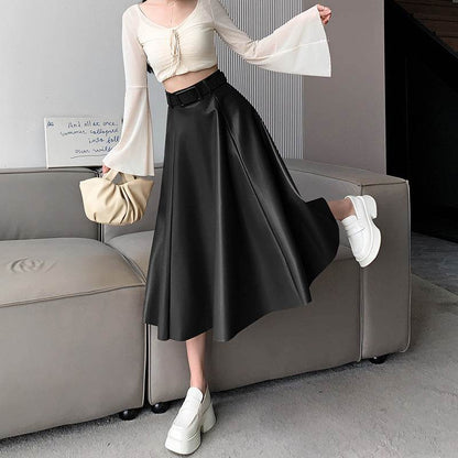 Elegant women High waist Flared Midi PU Leather skirt - www.Shopthatapp.com