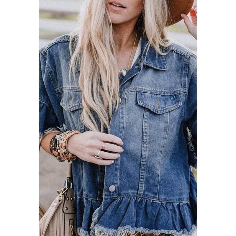 Loose Denim Jacket with Ruffled Sleeves Casual Cotton Style - www.Shopthatapp.com