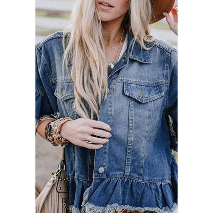 Loose Denim Jacket with Ruffled Sleeves Casual Cotton Style - www.Shopthatapp.com
