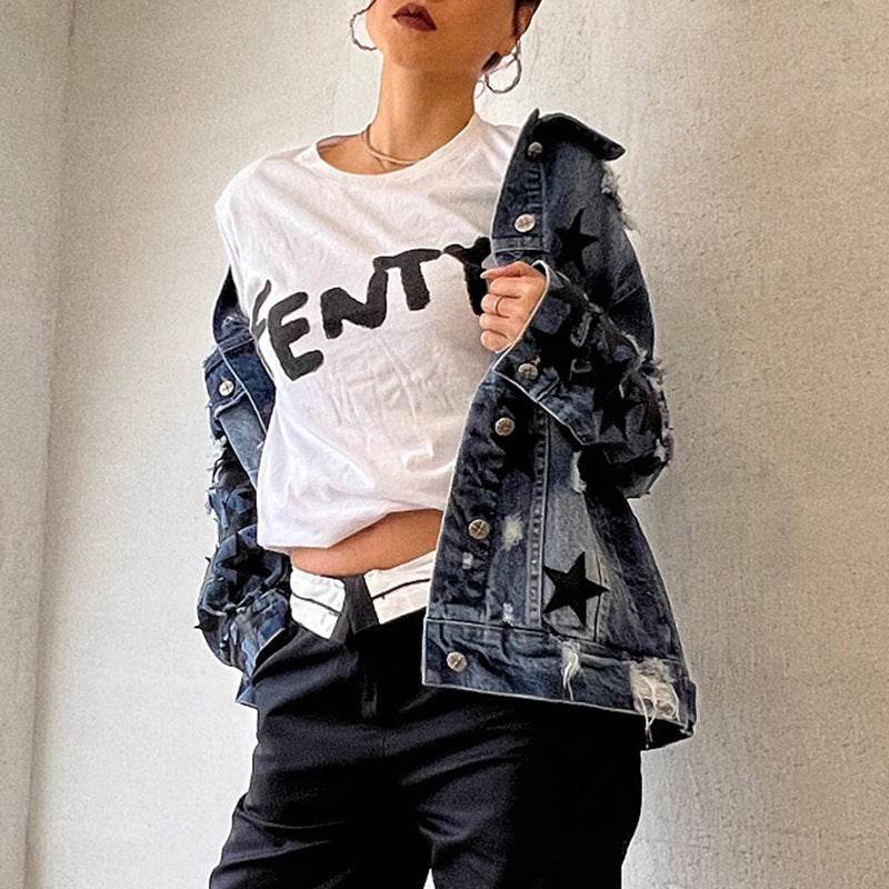 Lapel Star Patch Shredded Single Breasted Denim Jacket For Women - www.Shopthatapp.com