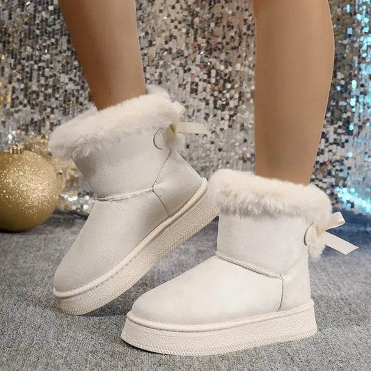 Winter Snow Boots With Bowknot Fashion Round Toe Flat Thickened Suede Cotton Shoes For Women Casual Warm Plush Short Boot - www.Shopthatapp.com