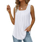 Summer cotton Tops For Women Loose Fit Pleated Square Neck Sleeveless Blouse Tops - www.Shopthatapp.com
