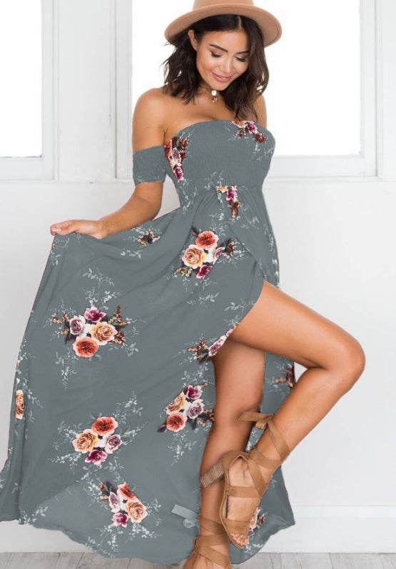 Elegant Ladies Summer Boho Vacation Resort Slit Maxi dress off shoulder Long floral Beach summer slit dress - www.Shopthatapp.com