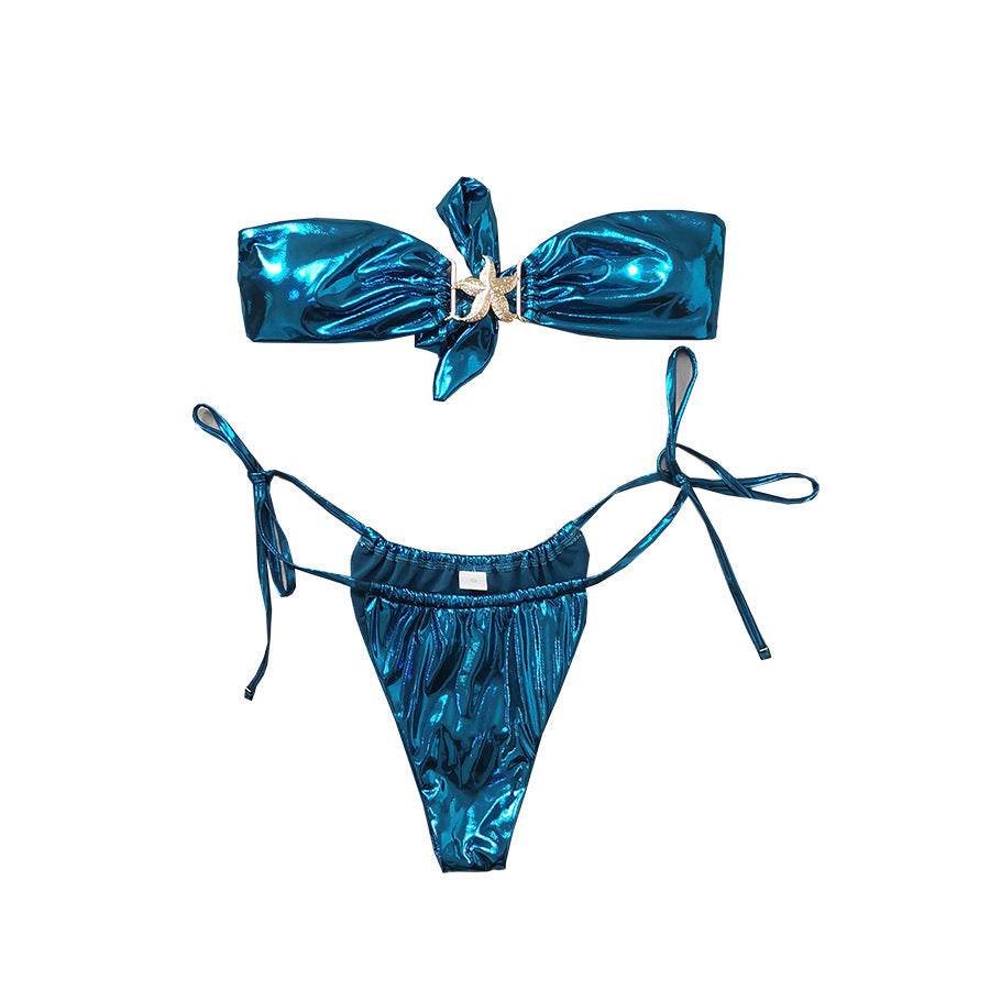 Tube Top Split Bikini Blue Glossy Gold Starfish Female - www.Shopthatapp.com