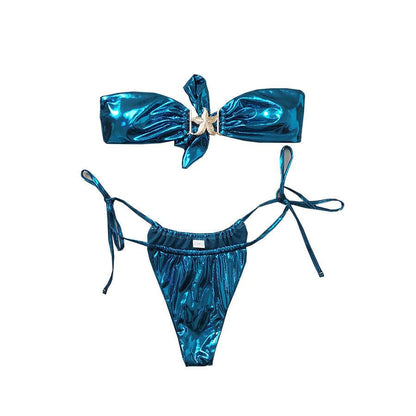 Tube Top Split Bikini Blue Glossy Gold Starfish Female - www.Shopthatapp.com