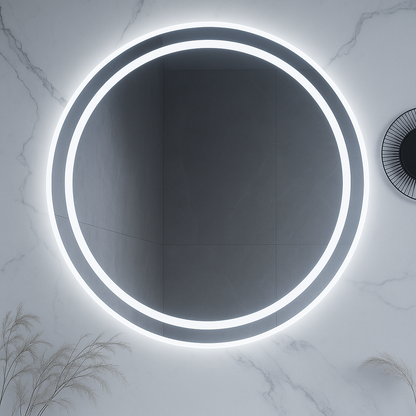 HaloLux Round LED Bathroom Mirror — Frosted Front-Light Ring + Back-Lit Halo, Dimmable, Anti-Fog & Memory (3000K/4000K/5000K) | 24″, 28″, 32″ | CE & ETL Certified - www.Shopthatapp.com