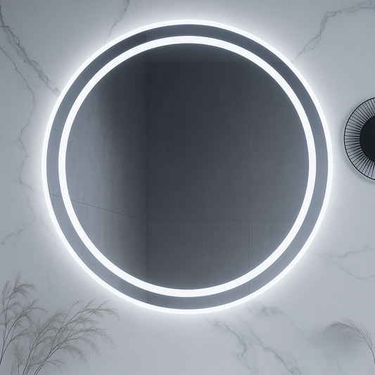HaloLux Round LED Bathroom Mirror — Frosted Front-Light Ring + Back-Lit Halo, Dimmable, Anti-Fog & Memory (3000K/4000K/5000K) | 24″, 28″, 32″ | CE & ETL Certified - www.Shopthatapp.com