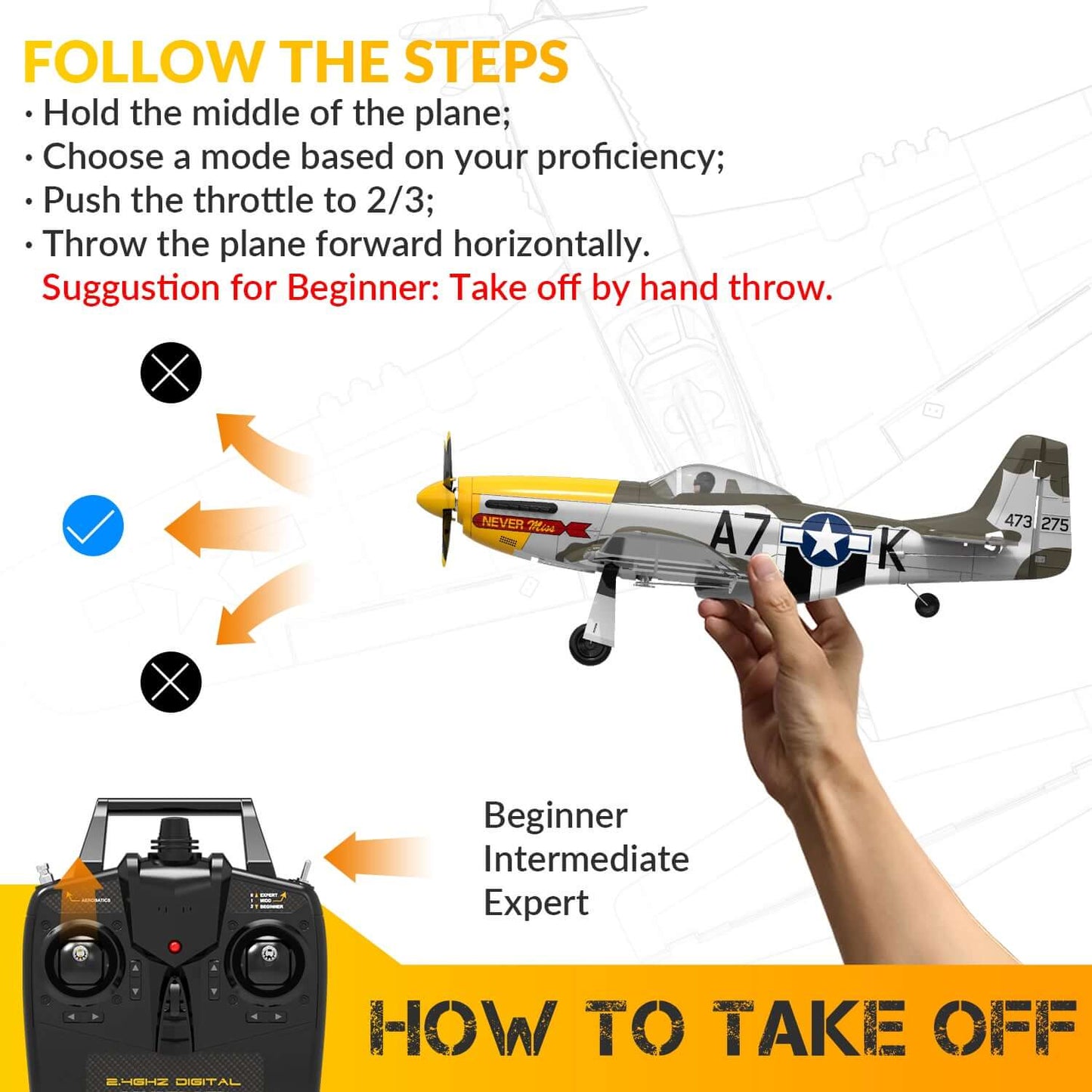 P51D RC Airplane with Mode 1 Transmitter | 4-Channel Brushless & XPilot Stabilizer - www.Shopthatapp.com