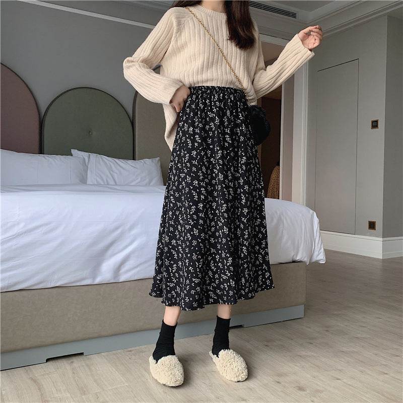 Casual Floral New Fresh High Waist Slimming Korean-style Midi A- Line Skirt - www.Shopthatapp.com