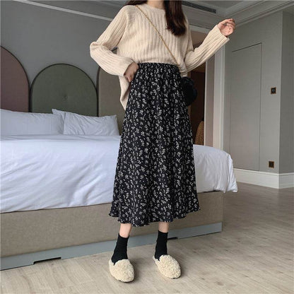 Casual Floral New Fresh High Waist Slimming Korean-style Midi A- Line Skirt - www.Shopthatapp.com