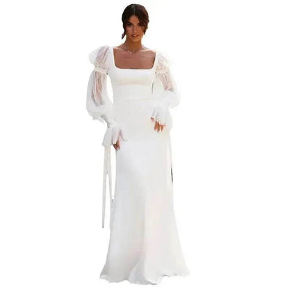 Women's Ruffled Long Sleeve Banquet Temperament High Waist Mop White Wedding  Party Fish Tail Styled  Dress Mermaid Dress - www.Shopthatapp.com