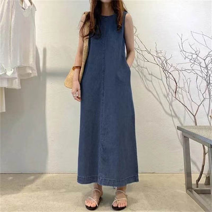Women's Fashion Sleeveless Mum loose Long Denim Dress - www.Shopthatapp.com