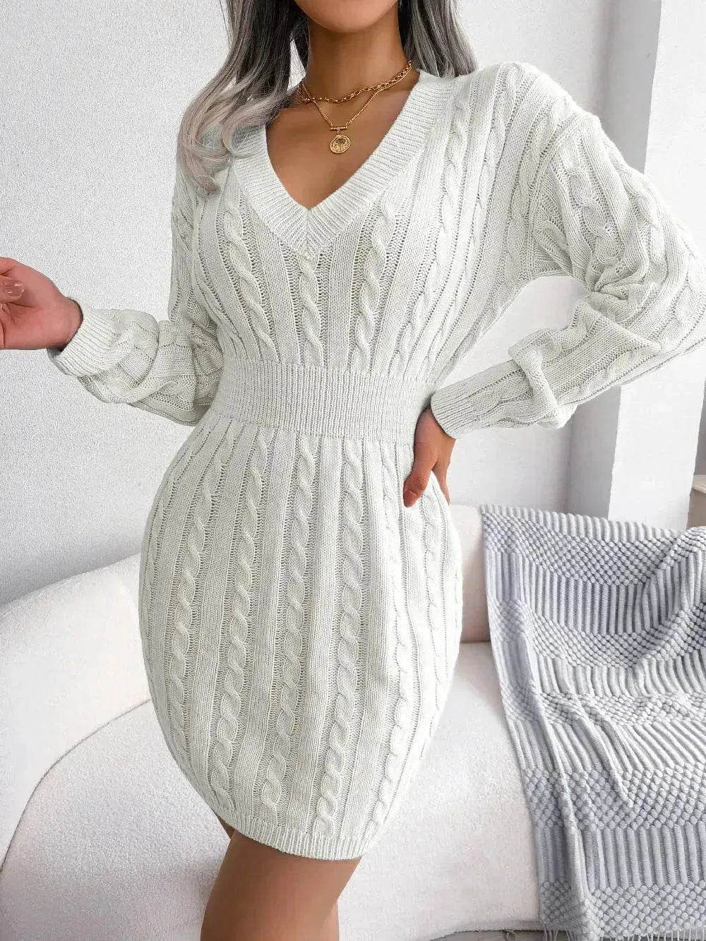 Solid Color V-Neck Long Sleeve Slim fit Winter Knit Mini  sweater Dress Slim - www.Shopthatapp.com