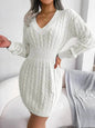 Solid Color V-Neck Long Sleeve Slim fit Winter Knit Mini  sweater Dress Slim - www.Shopthatapp.com