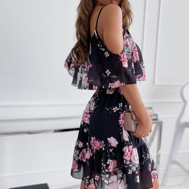 Flower Printed Ruffled Suspender Dress Summer Off-the-shoulder Strap Dresses Women - www.Shopthatapp.com