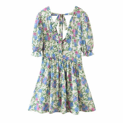 Women Summer Green Floral Chiffon Dresses Holiday Puff Short Sleeve V-Neck Back Lace Up Design Wrap One Piece Dress - www.Shopthatapp.com