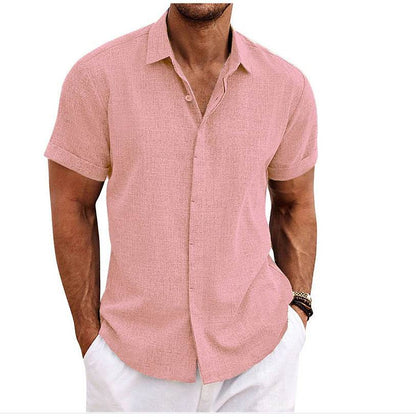Men's Solid Color Loose Linen Short-sleeved shirt - www.Shopthatapp.com