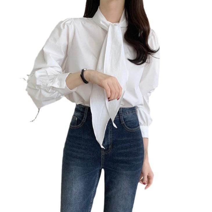Spring New Gentle Lace-up Bow Tie Design Puff Sleeve Solid Color Shirt For Women - www.Shopthatapp.com