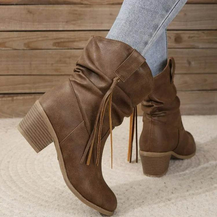 Retro Tassel Boots Winter Thick Square Heel Mid-calf Knight Western Boots Woman Fashion Shoes - www.Shopthatapp.com