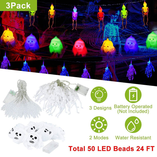 Set Of 3Pcs Halloween Light Decorations Total 50 LEDs 24ft Halloween String Lights Colorful 3D Skeleton Ghost String Lights Gauze Skull String Lights Spooky Hands String Lights For Indoor Outdoor Part - www.Shopthatapp.com