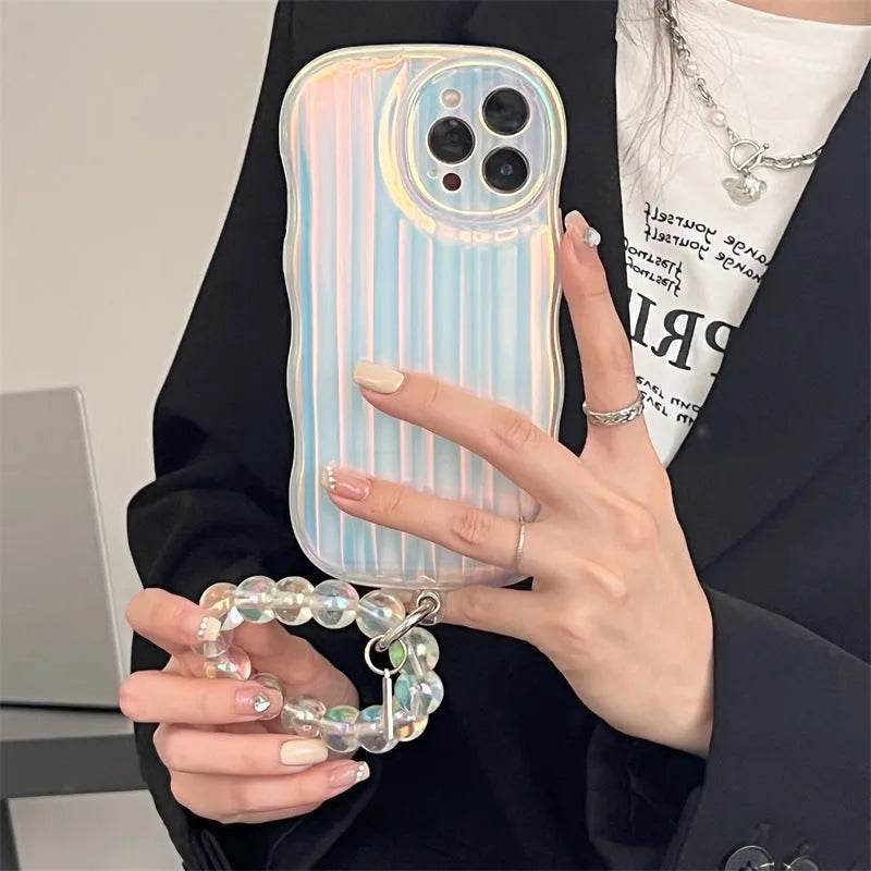 Laser Wave Silicone Phone Case Gradient Laser Stripes Bracelet Case For IPhone 14 13 12 11 Pro Max Plus Bead Chain - www.Shopthatapp.com