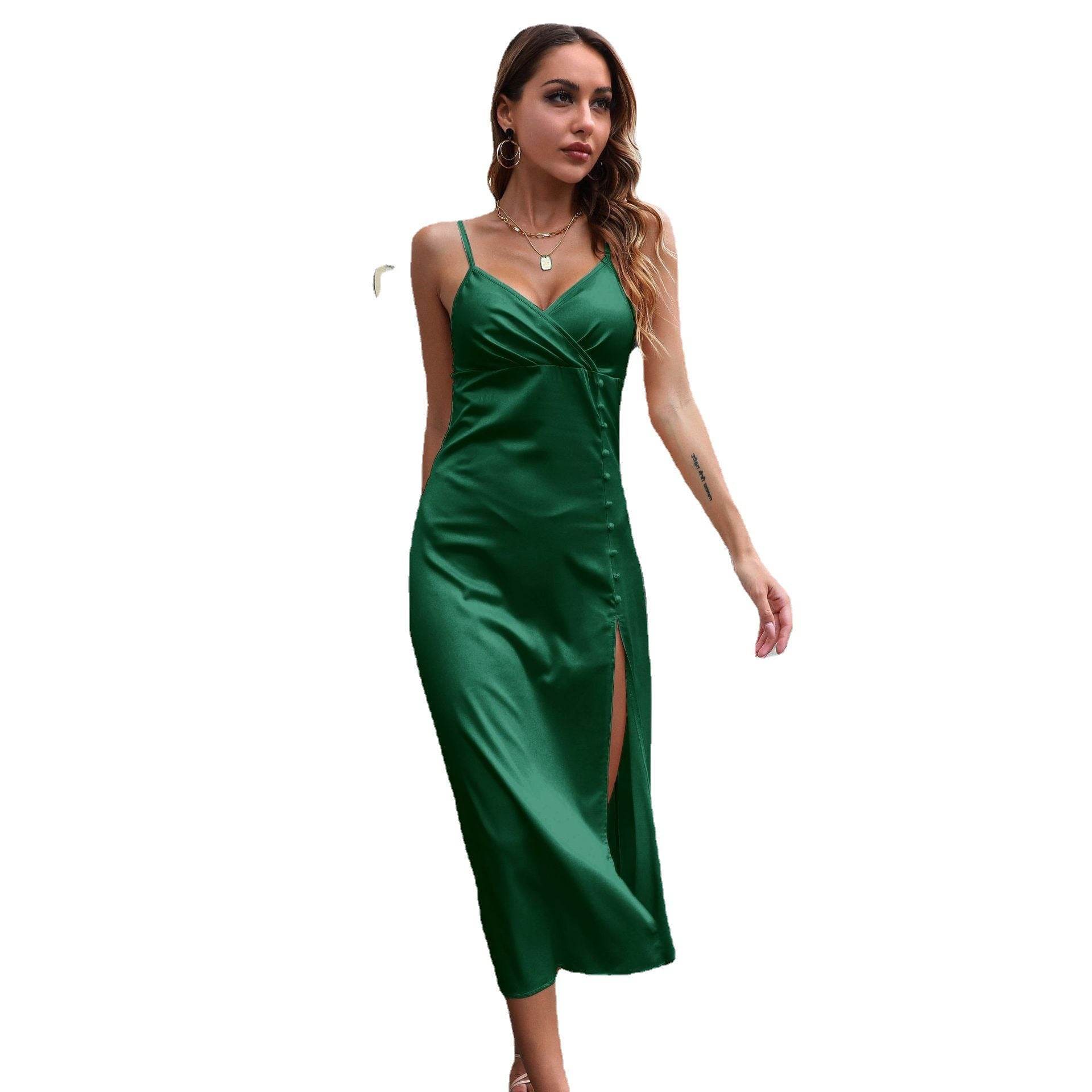 Women's Breasted Satin silk V-neck Spaghetti strap Backless Midi Dress cocktail split dress - www.Shopthatapp.com