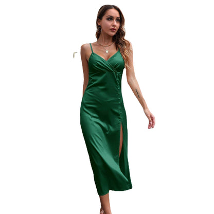 Women's Breasted Satin silk V-neck Spaghetti strap Backless Midi Dress cocktail split dress - www.Shopthatapp.com
