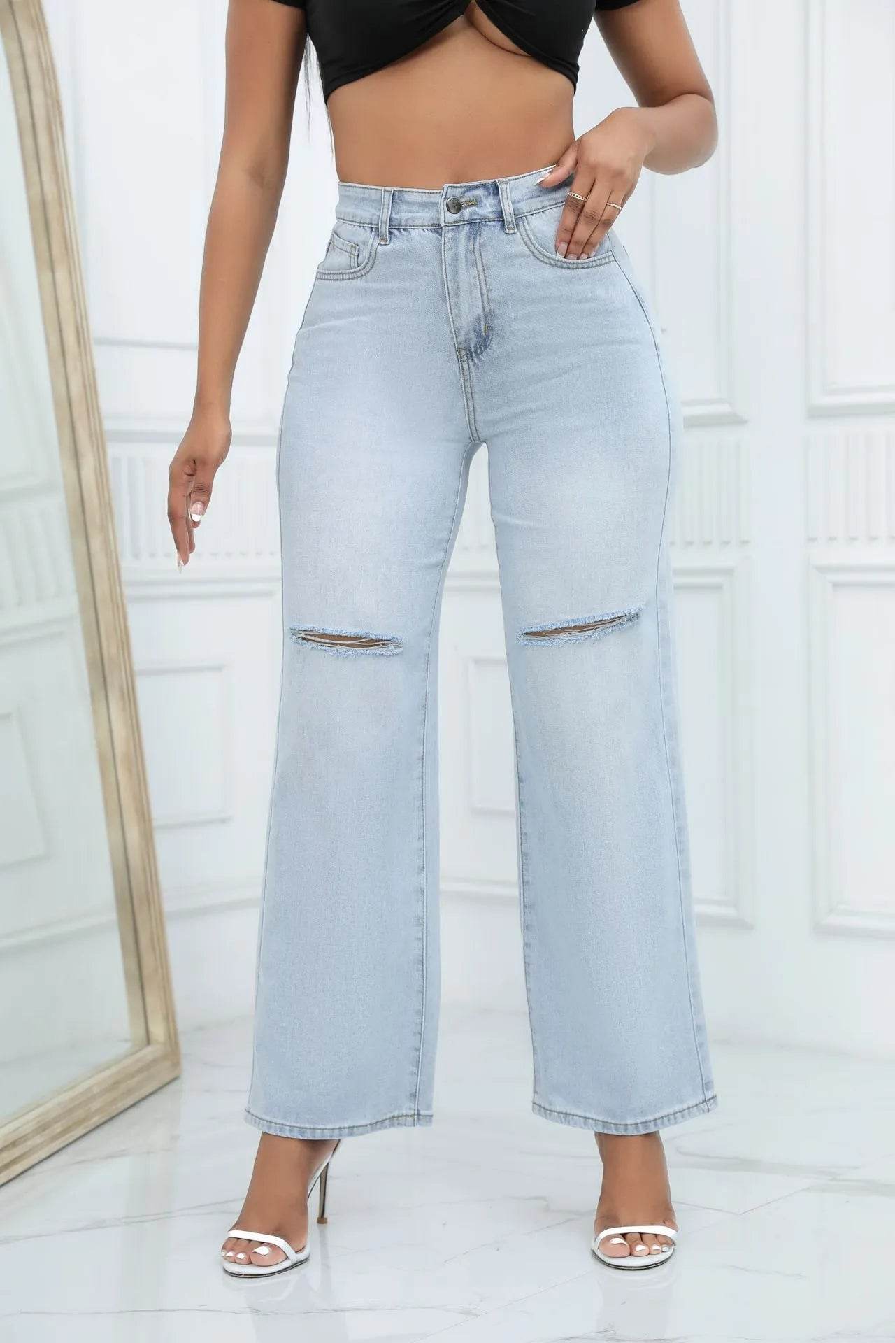 Elegant Ripped Wide-leg Baggy Jeans Pant Women - www.Shopthatapp.com
