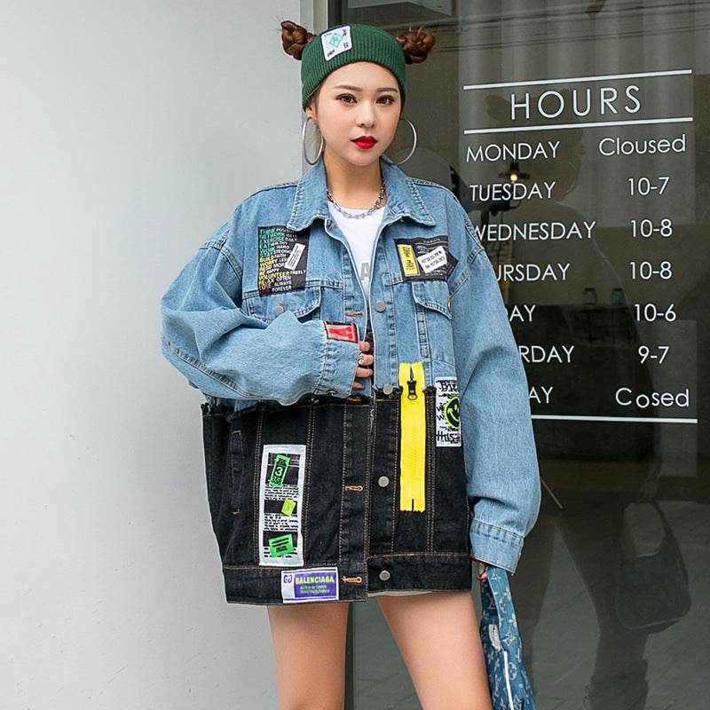 Denim Loose Jacket Women Stylish Graffiti Patch Design - www.Shopthatapp.com