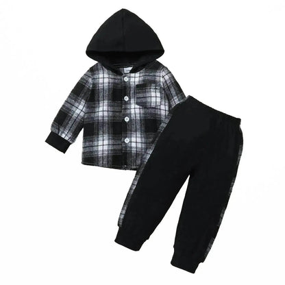 Toddler Baby Boy Classic Plaid Hooded Long Sleeve Shirt Contrast Color Trousers Suit Two piece for boys - www.Shopthatapp.com