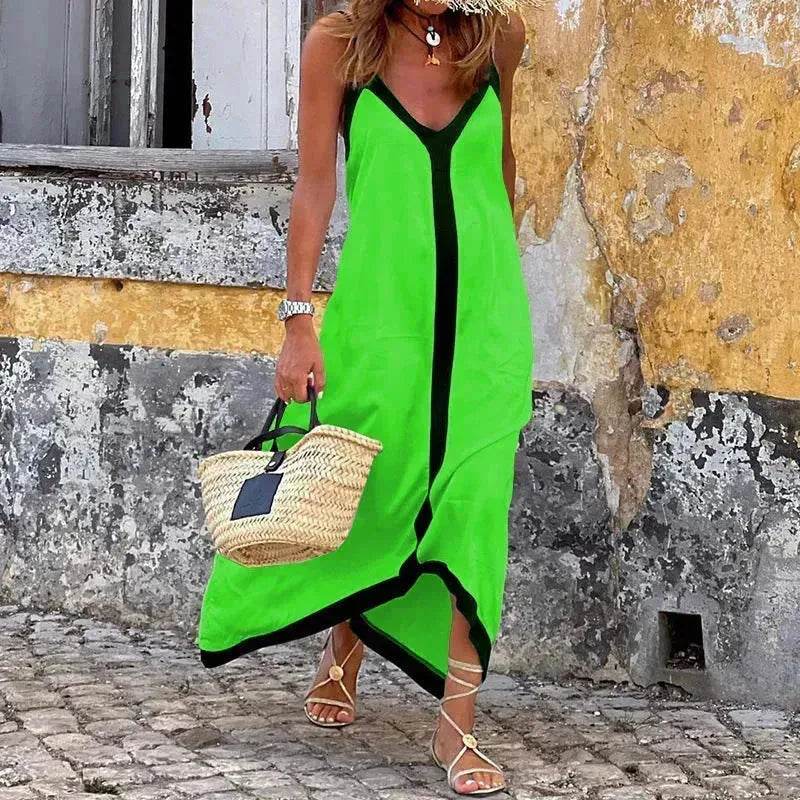 Women's Fashionable Casual Solid Color Spaghetti Straps Sleeveless V-neck Midi Dress - www.Shopthatapp.com