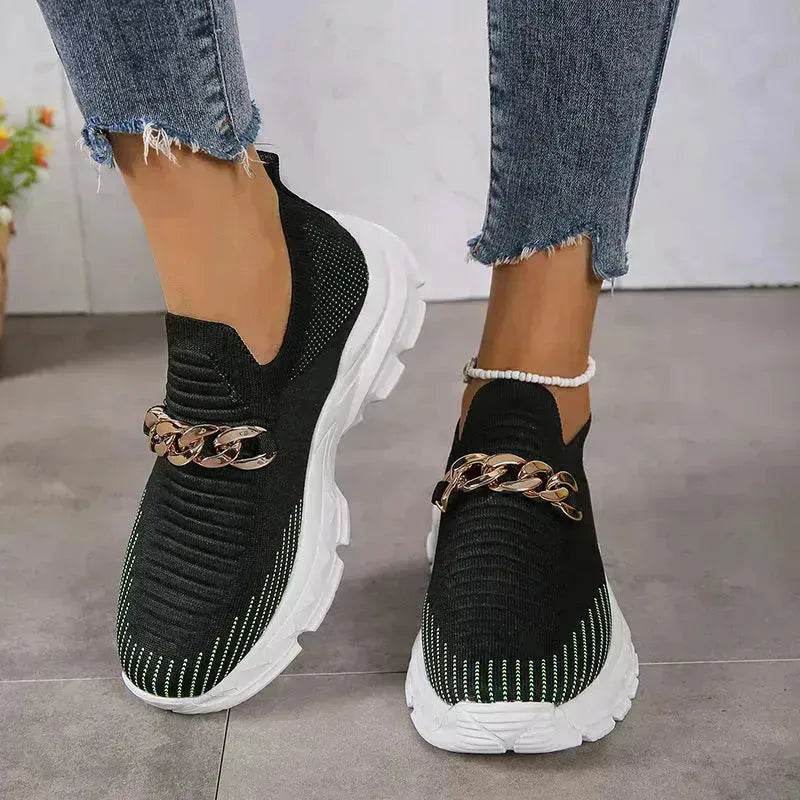 Fashion Chain Design Mesh Shoes For Women Breathable Casual Soft Sole Walking Sock Slip On Flat Chunky Sneakers Shoes for Women - www.Shopthatapp.com