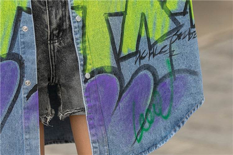 Oversized Graffiti Print Denim Jacket Women Loose Fried Street fashion - www.Shopthatapp.com