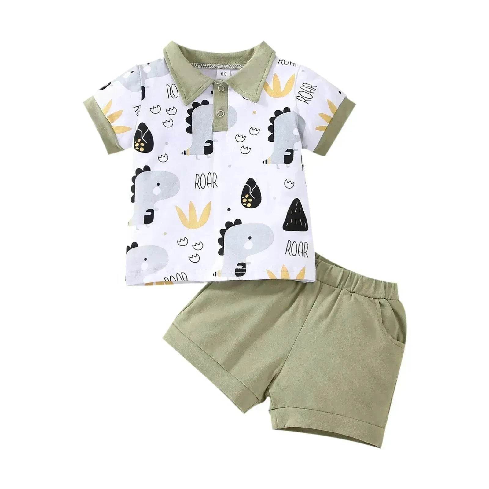 Boy's Little Dinosaur Lapel Cotton Short Sleeve Top Short Pants Suit Two piece for boys. - www.Shopthatapp.com